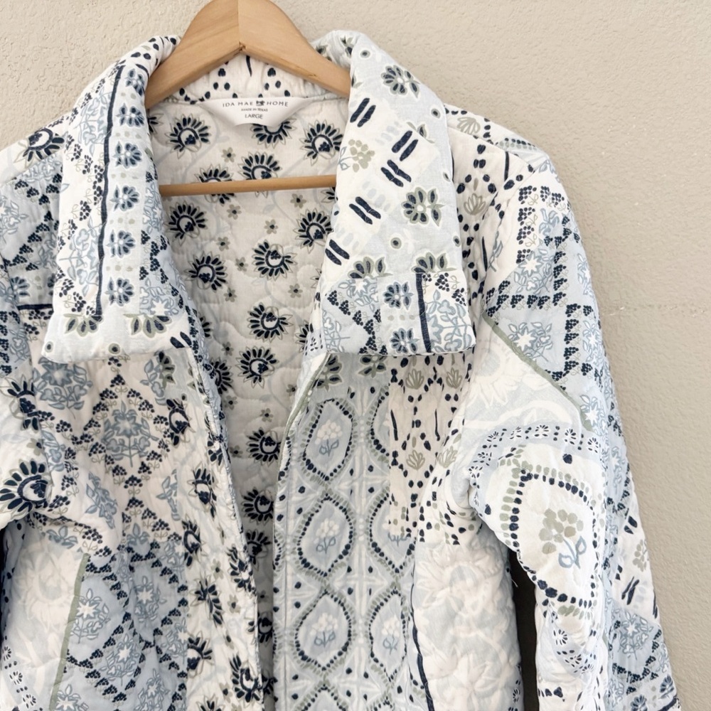 Ida Mae Home Quilted Jacket Large White Blue Patchwork Floral Cottagecore Boho - Picture 9 of 12